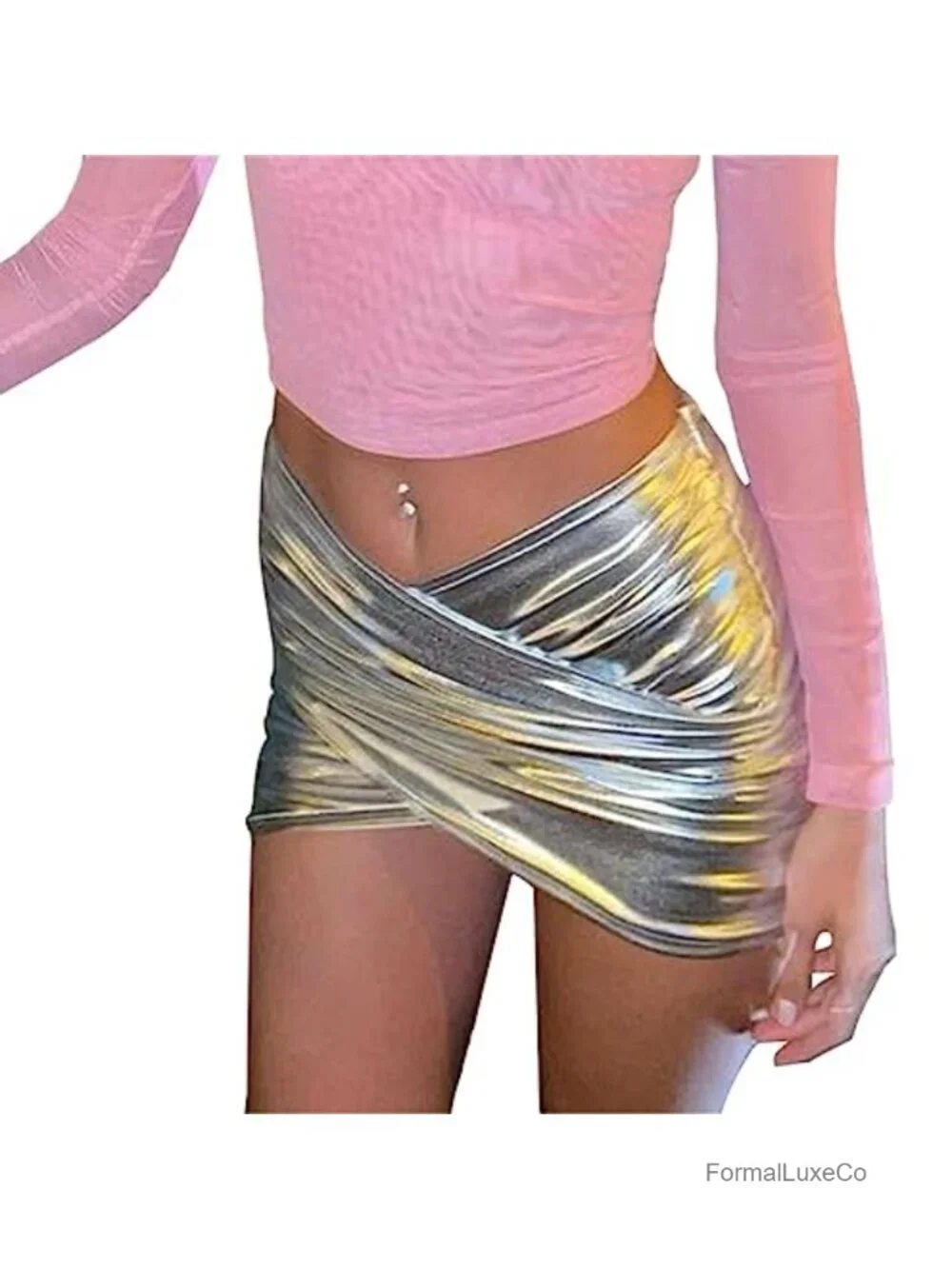 Women's Shiny Silver Metallic Cross Mini Skirt Holographic Ruched Wrap Hem